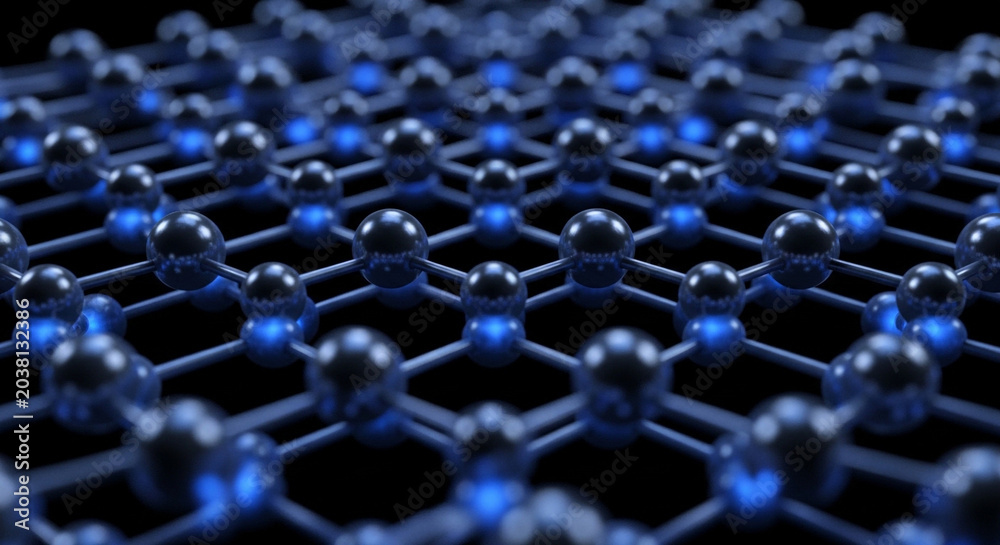 Fototapeta premium Abstract 3D model of a hexagonal carbon atom lattice representing graphene structure with glowing connections