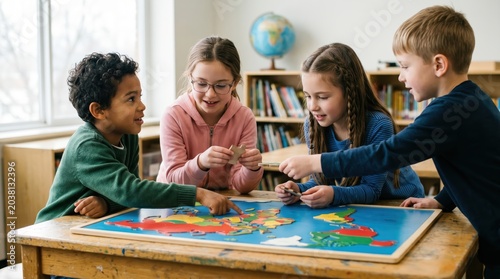 Group of elementary school children collaborating on colorful map puzzle at wooden table inside bright classroom with books and globe