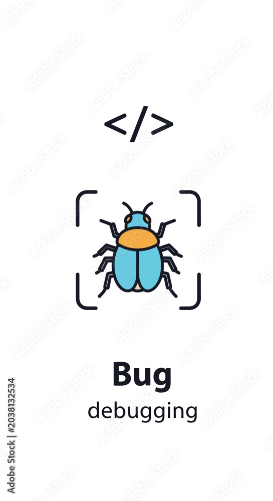 Naklejka premium Bug Icon and Code Symbol Representing Software Debugging