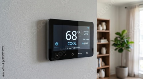 Wall mounted digital thermostat displaying temperature and status set to cool in modern living room near shelving and plant