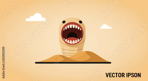 Photos Desert Sandworm Monster Emerging from Dunes, Cartoon Style