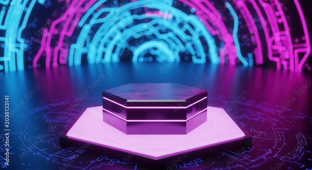 Fototapeta premium Futuristic Neon Tunnel with Hexagonal Stage.