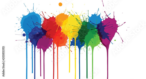 Vibrant rainbow paint splatters with dripping liquid effects, colorful ink splash vector illustration, artistic messy paint drips on white background