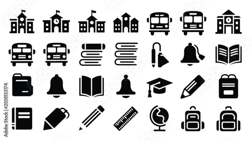 Educational institution and school supplies icons showing books pencils rulers and globes.