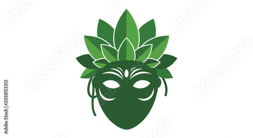 Fotografie Green Leaf Mask Avatar with Tribal Face Design and White Background