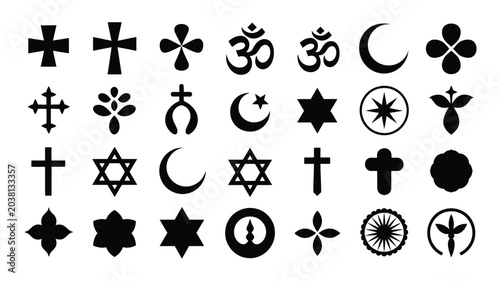 Photos World religion icons featuring various cross styles and crescent moon stars in black vector