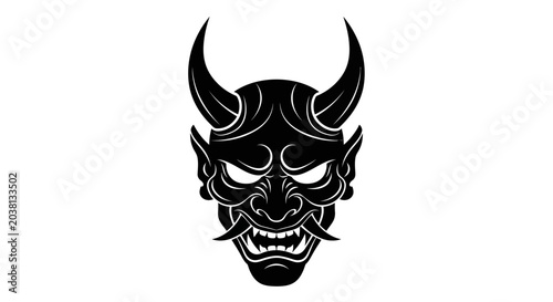Japanese Oni Demon Mask Silhouette - Black and White Horror Icon