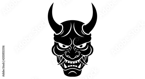 Japanese Oni Mask Silhouette - Ferocious Demon Face Graphic