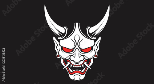 Cuadro en lienzo Japanese Oni Mask Tattoo Design - Spooky Demon Face with Horns