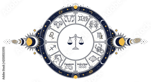 Fotografie Libra Zodiac Constellation Wheel with Celestial Elements and Moon Phases
