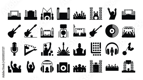 Photos Live event production icons showing stage lighting speakers microphones and cheering crowds