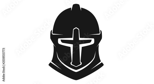 Obraz na plátně Medieval Knight Helmet with Cross Symbol, Black Silhouette on White Background