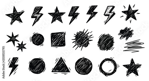 Hand drawn doodle shapes and icons set, black ink sketch stars and lightning bolts, 18 vector geometric elements for creative design