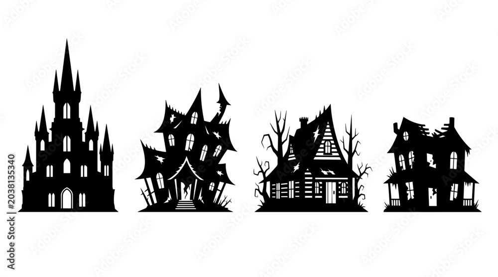 Fototapeta premium Vector Silhouette Collection of Spooky Halloween Houses and Haunted Castles on White Background