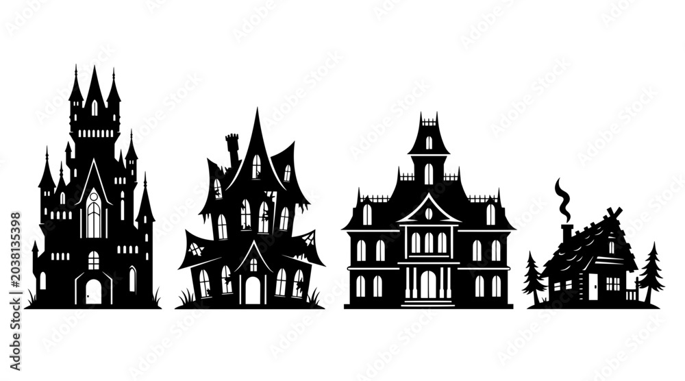 Fototapeta premium Spooky Halloween Silhouette Houses: Castle, Victorian Mansion, Haunted Cottage Set