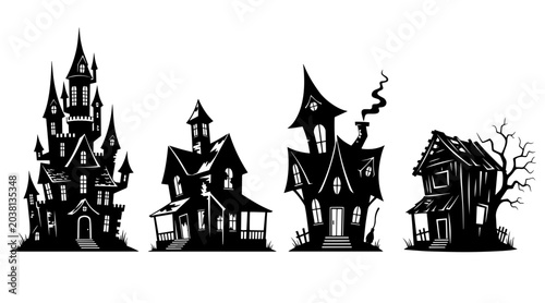 Canvastavla Set of four distinct spooky haunted houses and mansions in silhouette, perfect f