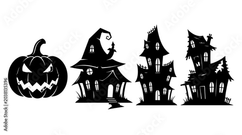 Foto Halloween Haunted House Silhouettes and Jack O Lantern Icon Set, Spooky Decorati
