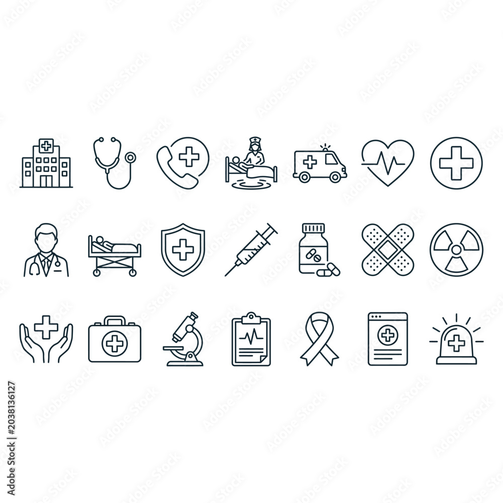 Fototapeta premium Medical icons illustrate healthcare symbols and signs on white background