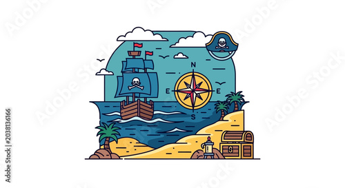 Canvas Print Pirate Ship Sailing to Tropical Island with Treasure Chest and Compass