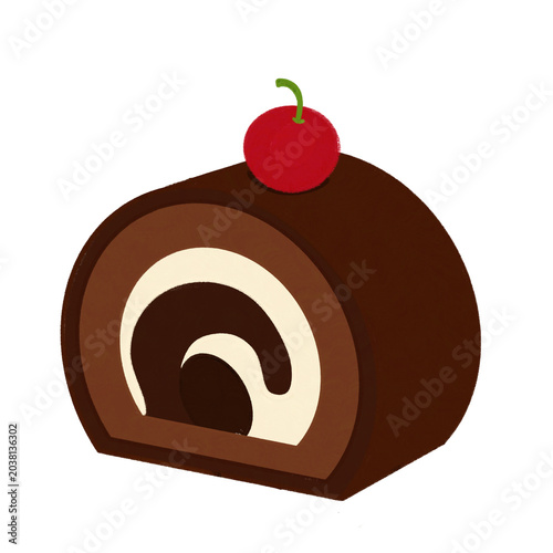 A charming hand painted illustration delicious Swiss roll cake desserts in Black Forest flavors