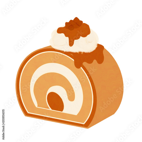 A charming hand painted illustration delicious Swiss roll cake desserts in caramel flavors