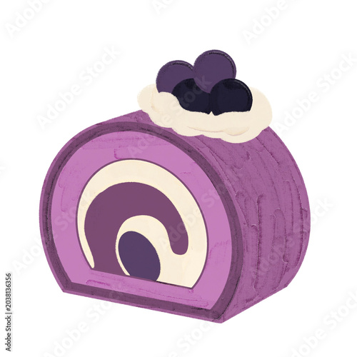 A charming hand painted illustration delicious Swiss roll cake desserts in blueberry flavors