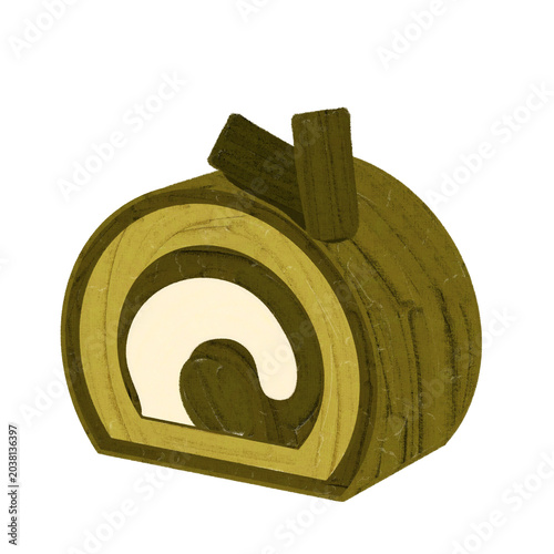 A charming hand painted illustration delicious Swiss roll cake desserts in matcha flavors