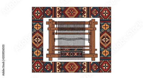 Canvastavla Vintage Wooden Loom with Persian Carpet Border, Traditional Weaving Craft
