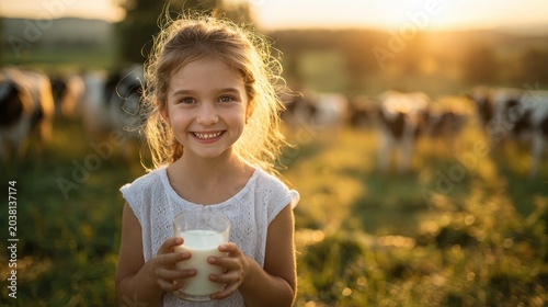 Happy young girl holding glass of milk outdoors at sunset in a farm field