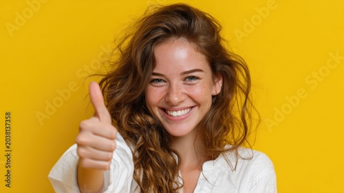 Smiling young woman with curly hair giving thumbs up gesture on yellow background