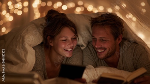 Happy Couple Reading a Book Together in Cozy Bedroom with Warm Lights