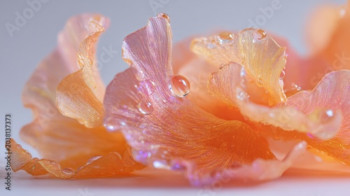 Close-up of a peach-colored flower petal with water droplets and delicate texture