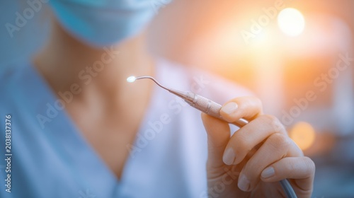 Medical professional holding a dental probe for examination with sunlight background
