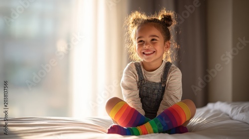 Joyful young girl sitting on a bed with sunlight streaming through window in background