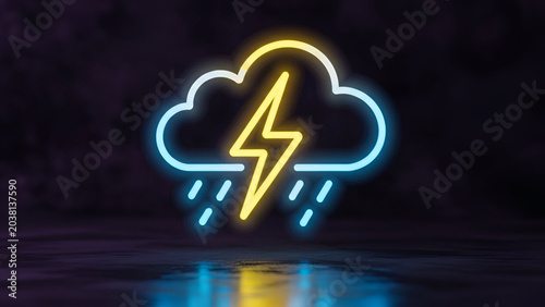 Bright neon weather icon featuring a glowing yellow lightning bolt inside a blue storm cloud on a dark reflective surface
