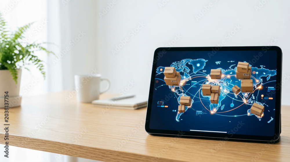 Fototapeta premium Finance technology abstract ui concept with global logistics and shipping network on digital tablet screen in modern office