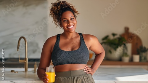 Confident smiling woman wearing workout attire holding glass of orange juice in modern kitchen