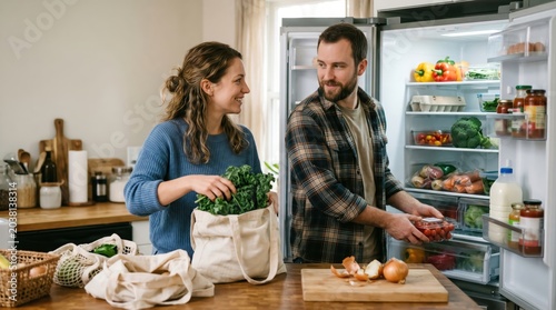 Couple unpacking groceries and organizing refrigerator in kitchen while preparing meal with fresh produce and reusable bags on counter