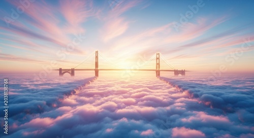 Golden Gate Bridge Emerging From Clouds At Sunrise With Pink Sky.