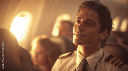 Smiling male airline pilot in uniform sitting in the cockpit with sunlight streaming in