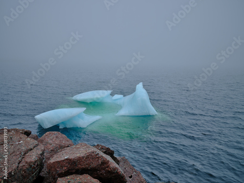 Small chunk of ice calved off a larger iceberg floats near the shoreline in Twillingate harbor on a cold foggy day in Newfoundland-Labrador