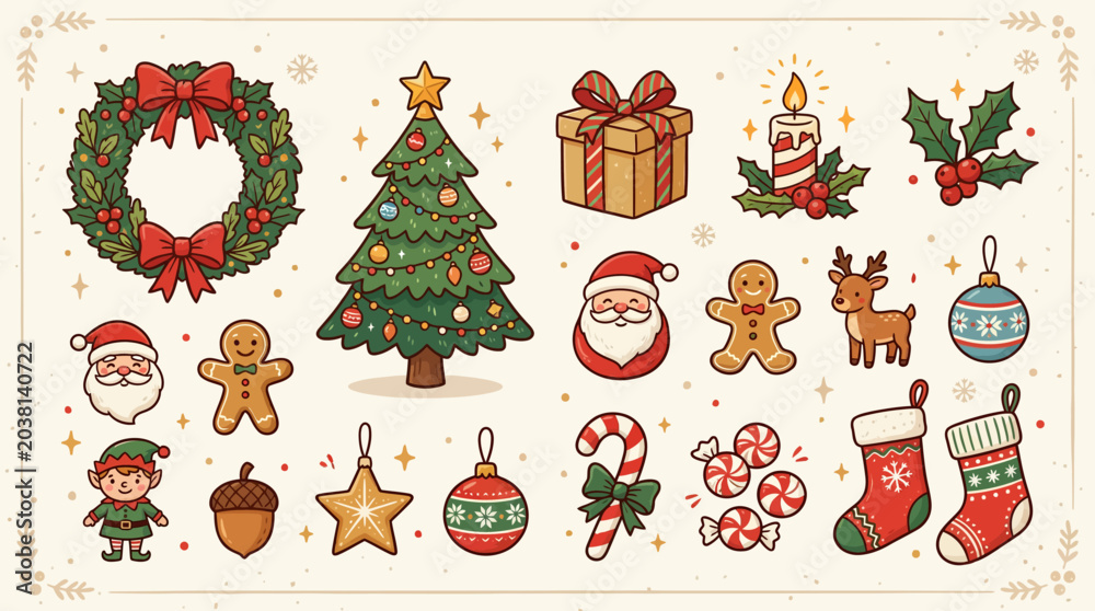 Fototapeta premium A collection of festive holiday icons and seasonal decorative elements