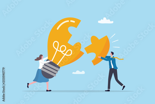 Canvastavla Mentor or business coach to help creativity or consult to thinking new idea, thought insight solution, idea development support, businessman putting final jigsaw to create creativity lightbulb idea