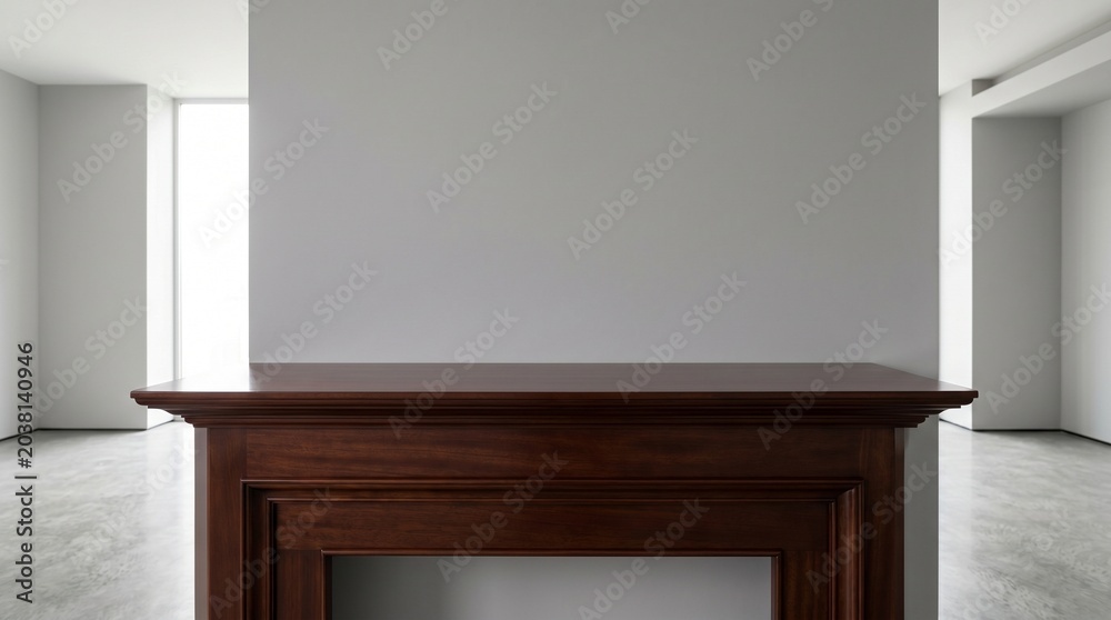 Fototapeta premium Dark wood fireplace mantel in a minimalist setting. Dark wood fireplace mantel stands against a clean gray wall in a room