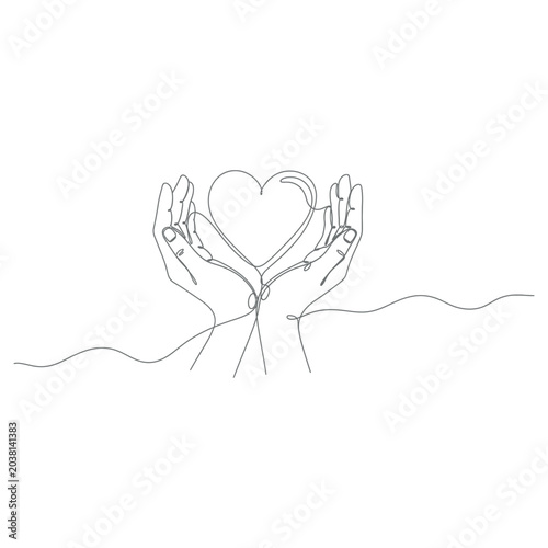 Continuous line drawing of two hands holding a heart shape representing care and love in this simple artistic illustration that captures a sense of compassion and human connection for everyone.