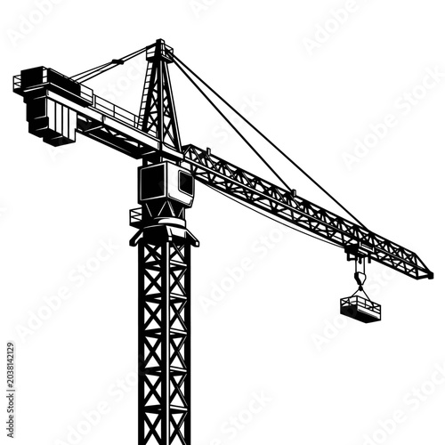 Construction Crane Lifting Load Over White Background, Industrial Machine