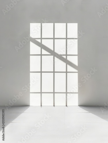 Minimalist white interior with light casting geometric shadows.