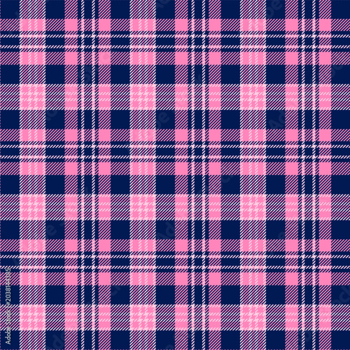 Bild auf Leinwand Seamless pink plaid tartan pattern with navy blue and white stripes, classic textile background ideal for fabric, fashion, wrapping paper, and decorative designs