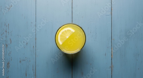 Refreshing Yellow Drink in a Glass on a Blue Wooden Table.