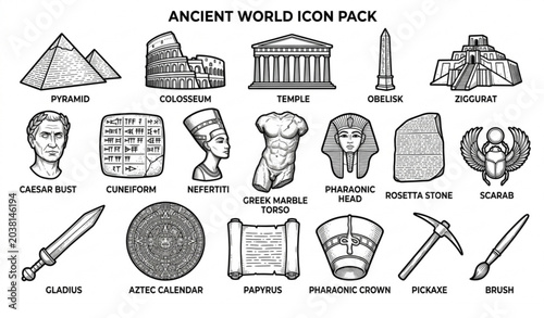 Schilderij op canvas Ancient civilization hand drawn vintage icon pack with mythology architecture ru